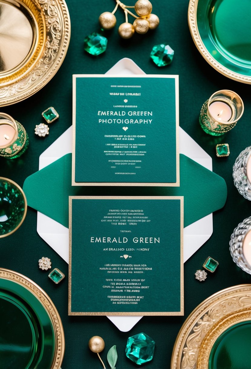 Emerald green wedding invitations with gold trim surrounded by emerald green and gold wedding decor