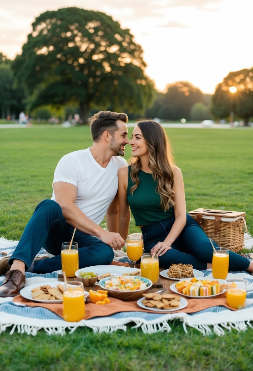 A couple picnicking in a park, surrounded by a spread of homemade snacks and drinks. A blanket is laid out on the grass, with a view of the sunset in the background