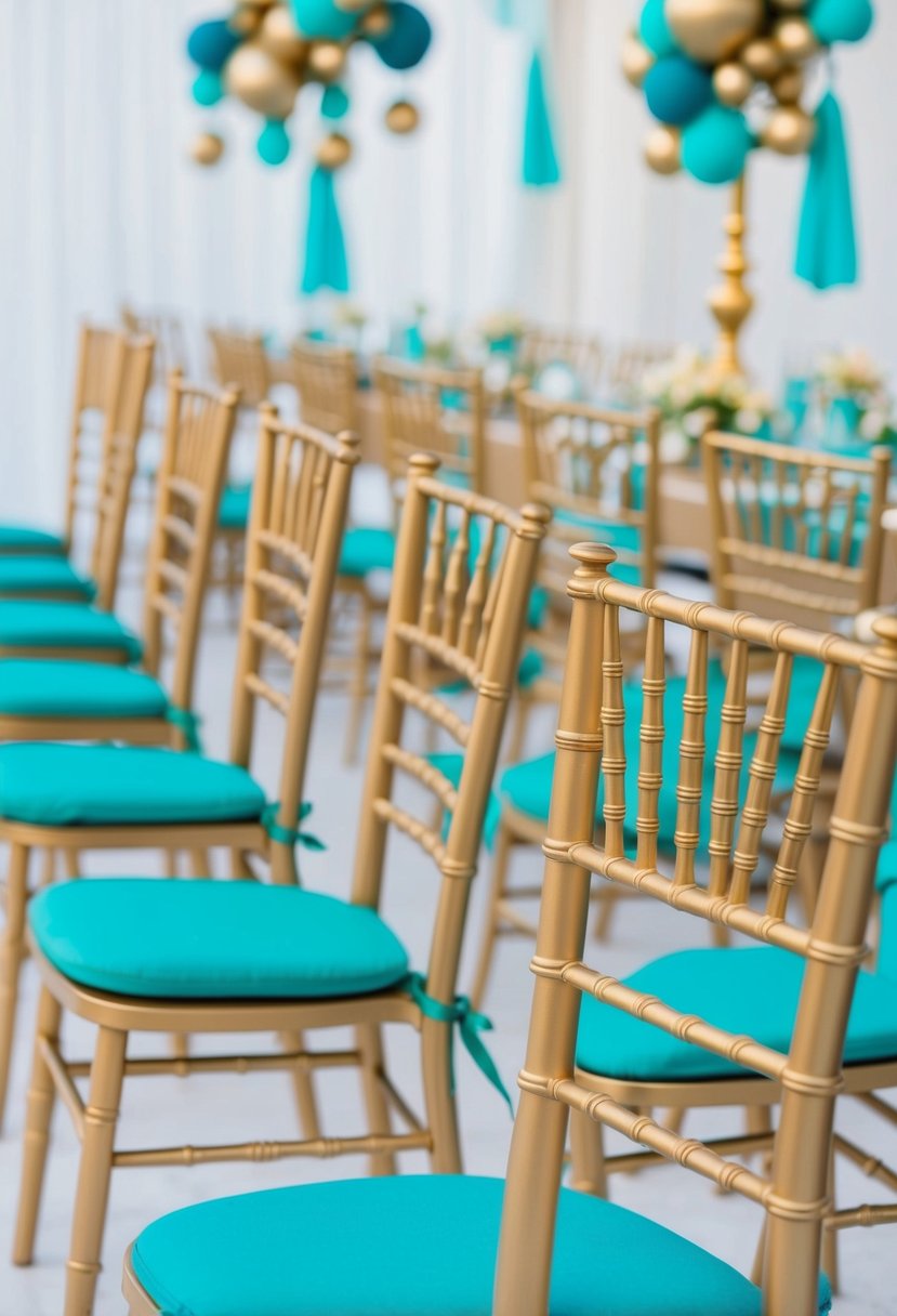 Gold chiavari chairs with teal cushions arranged in a light teal and gold wedding color scheme