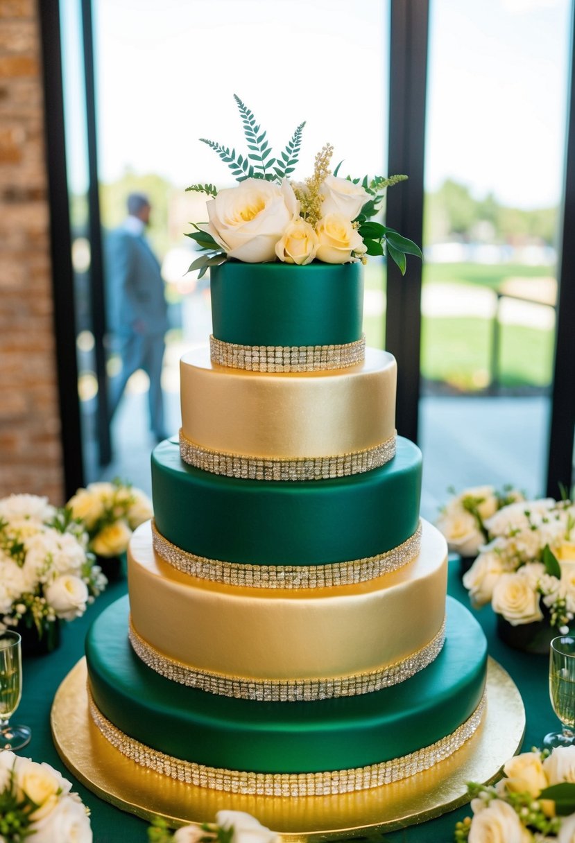 An emerald green and gold three-tier wedding cake surrounded by matching decor and flowers