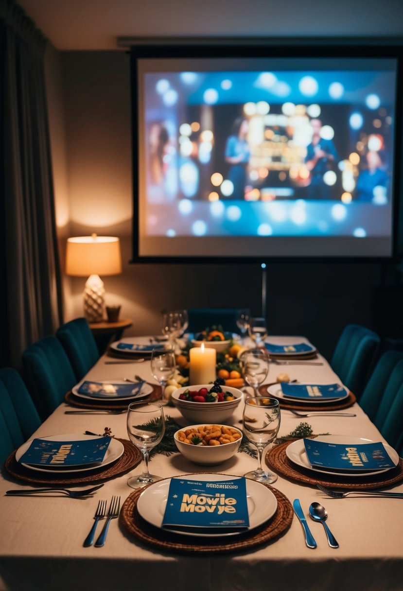 A cozy dinner table set with movie-themed dishes and decorations, surrounded by a dimly lit room with a projector playing the favorite movie in the background