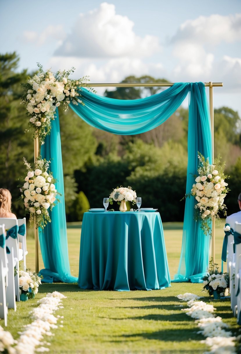 A wedding arch adorned in teal and gold, surrounded by matching decor and flowers