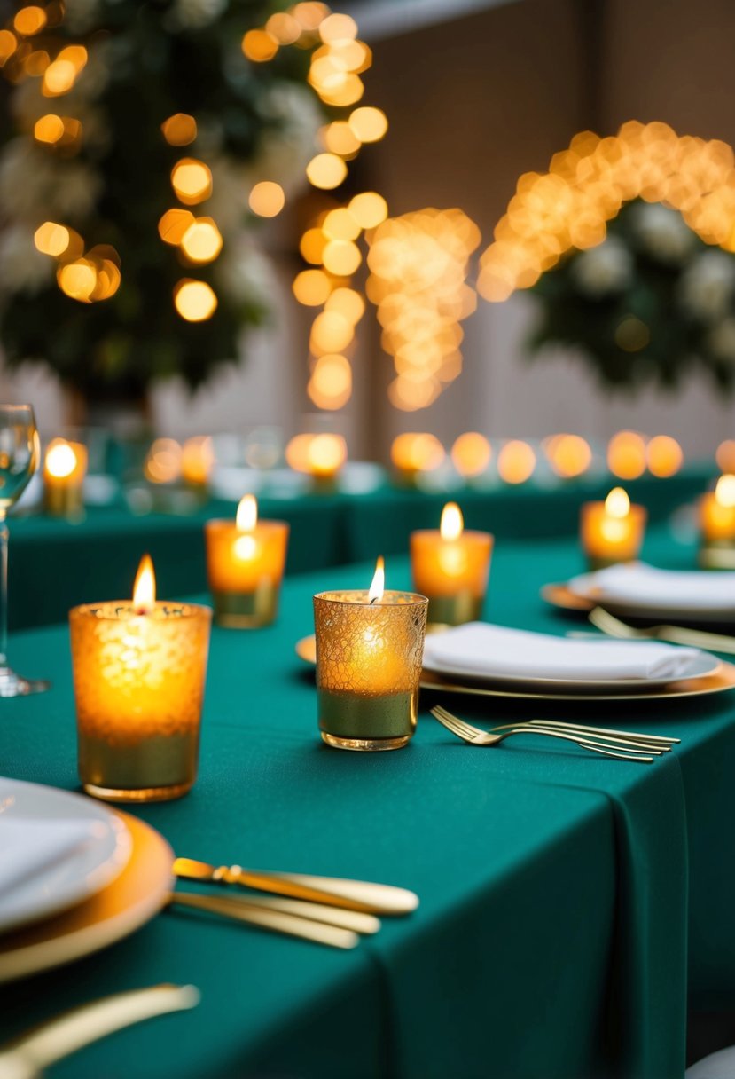 Golden votive candles on emerald tablecloths casting a warm glow, creating an elegant and romantic ambiance for a wedding with emerald green and gold color scheme