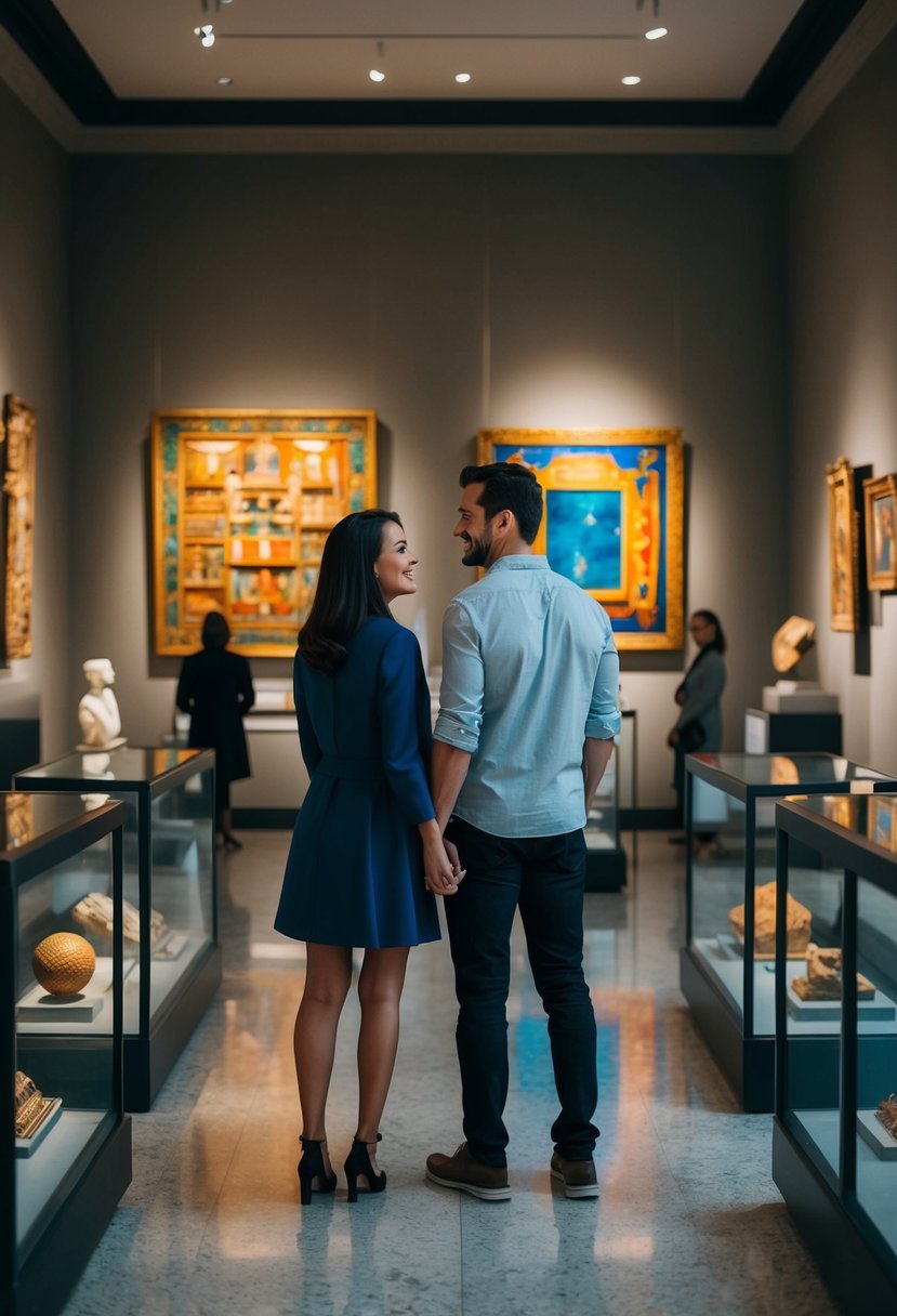 A couple virtually explores a museum, surrounded by ancient artifacts and colorful artwork