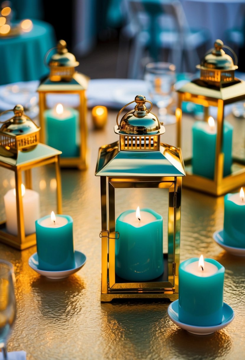 Gold lanterns with lit teal candles illuminate a teal and gold wedding color scheme