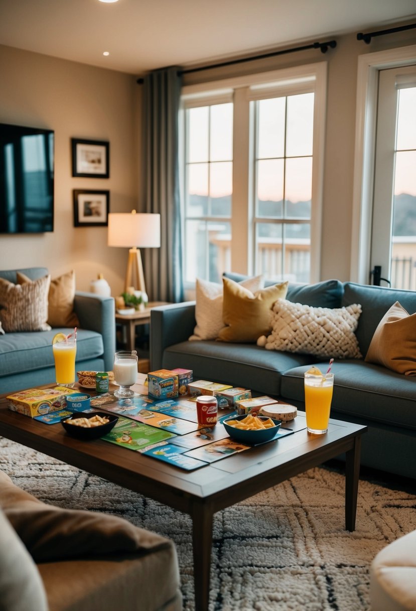 A cozy living room with a table filled with board games, snacks, and drinks. Soft lighting and comfortable seating create a warm and inviting atmosphere for a budget-friendly date night