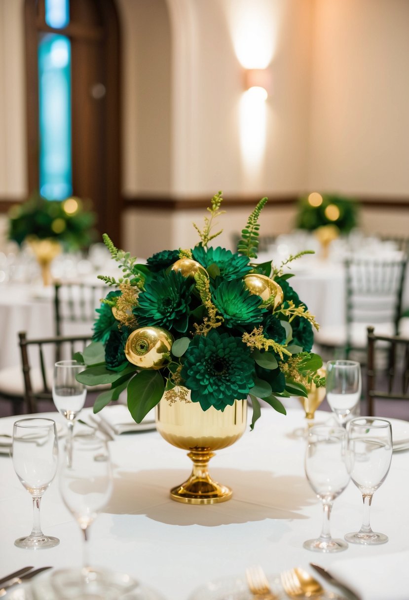 Emerald green and gold flower centerpieces on white tablecloths