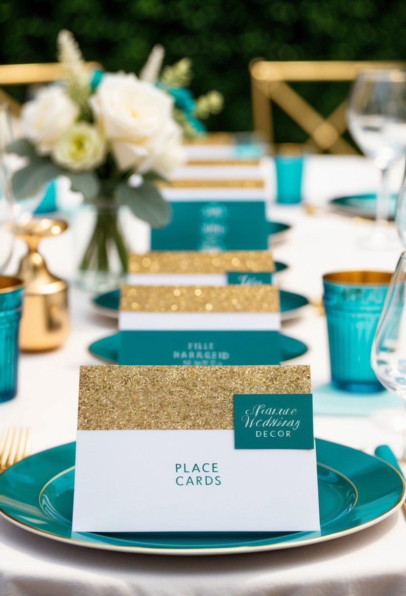 Teal and gold place cards arranged on a table with teal and gold wedding decor