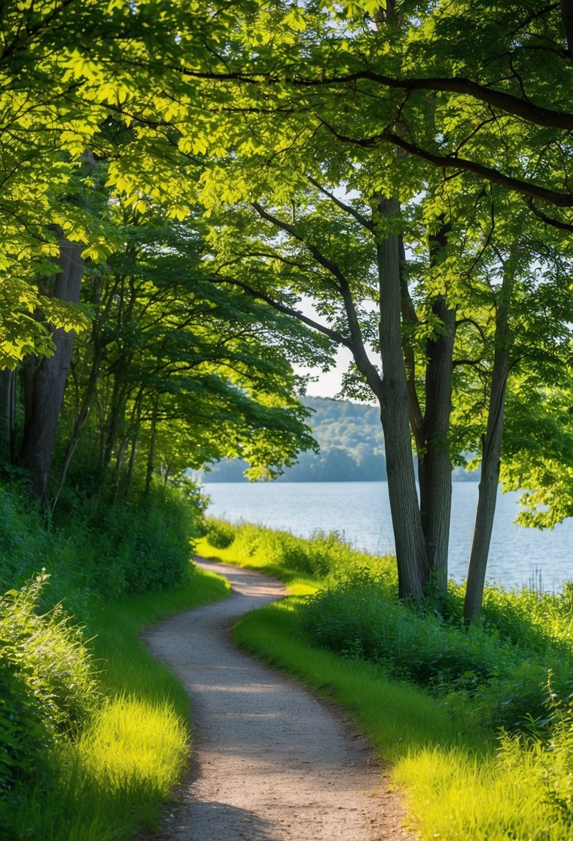 A winding trail through lush greenery, dappled sunlight filtering through the trees, a serene lake in the distance