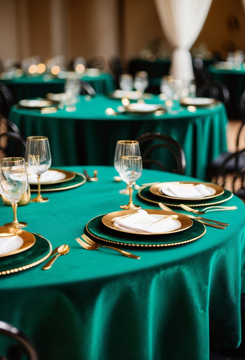 Emerald green velvet tablecloths adorned with gold cutlery