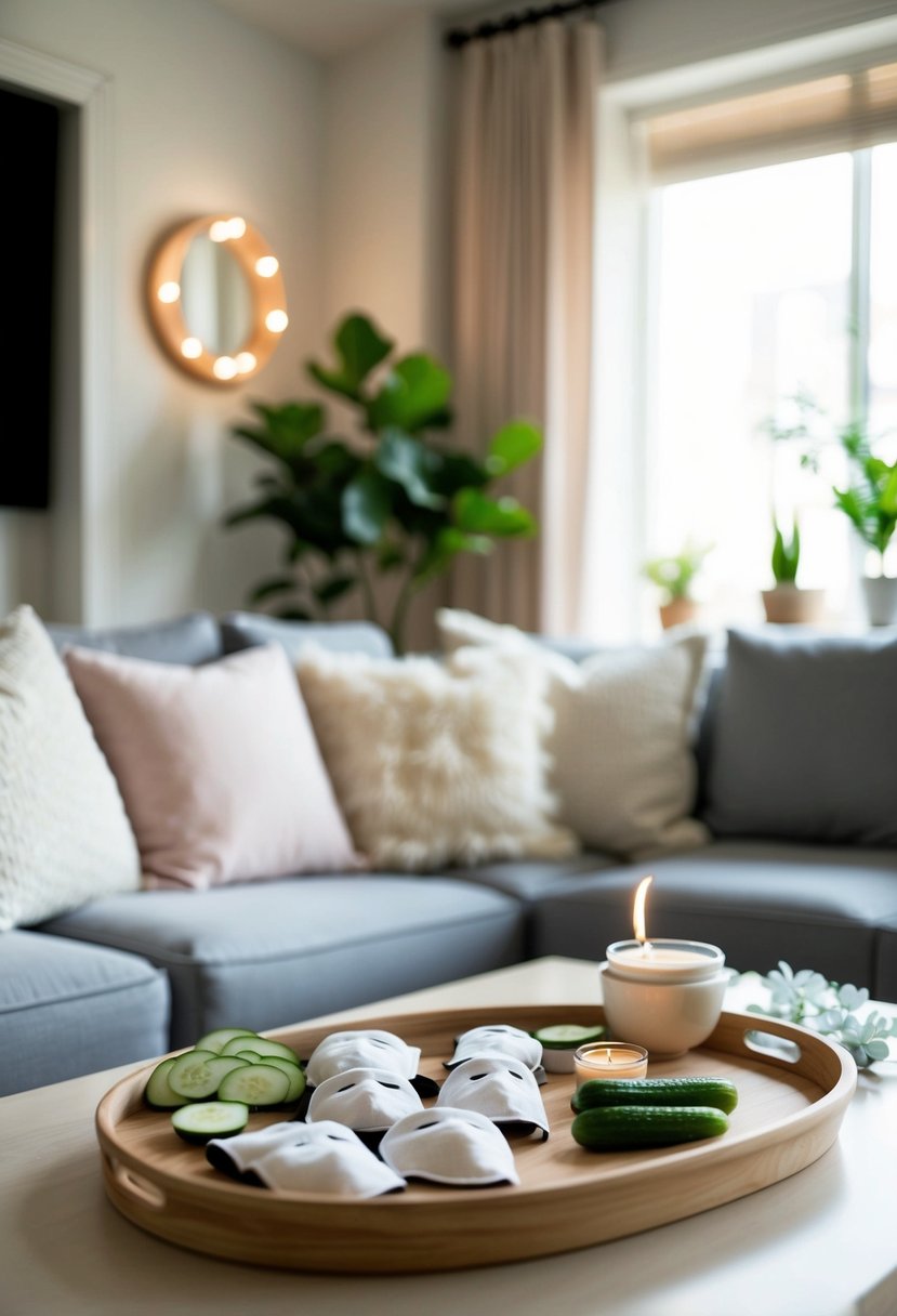 A cozy living room with soft lighting, plush pillows, and a table spread with homemade facial masks, cucumbers, and soothing music playing in the background