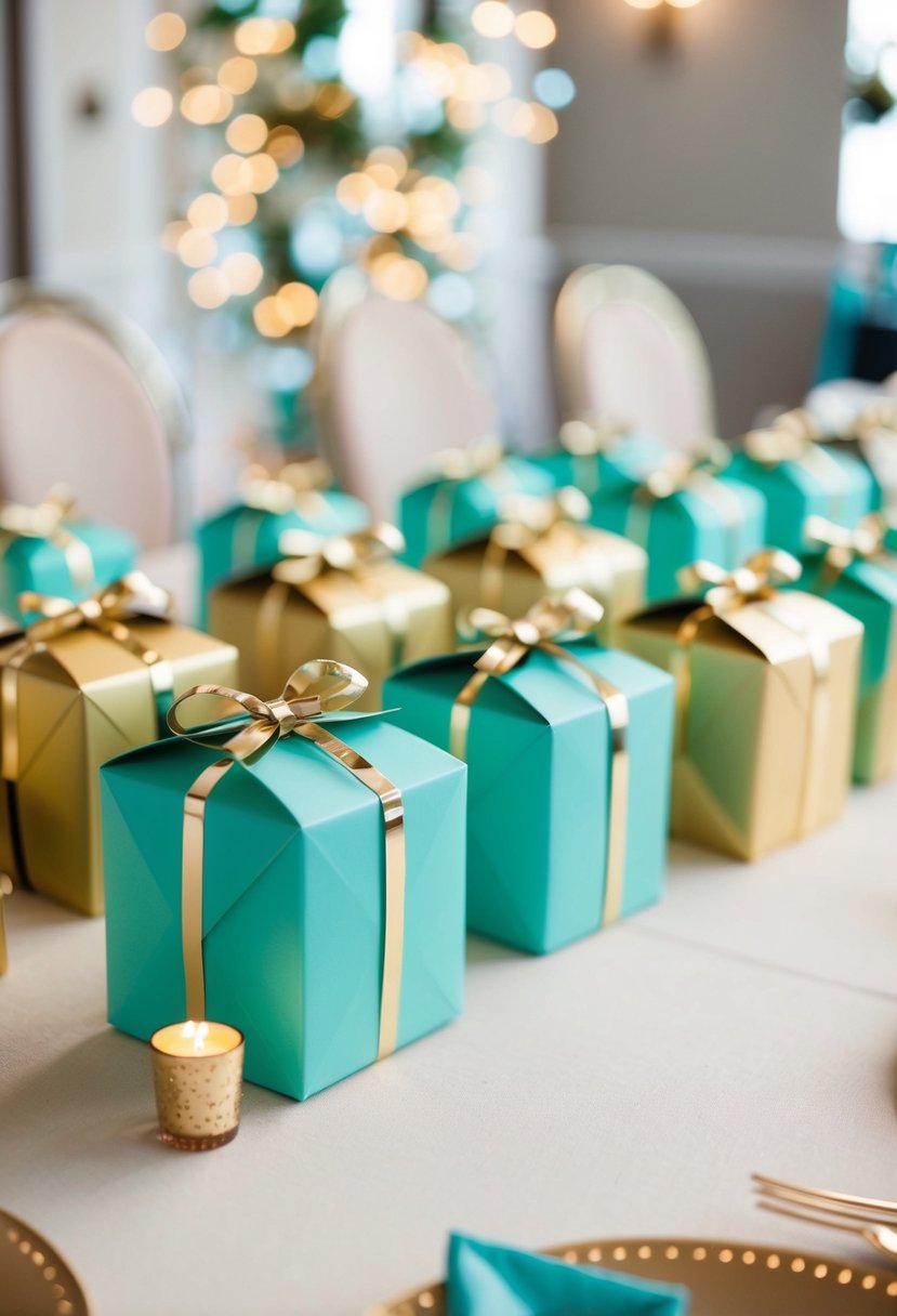 Light teal and gold favor boxes arranged on a table with coordinating wedding decor