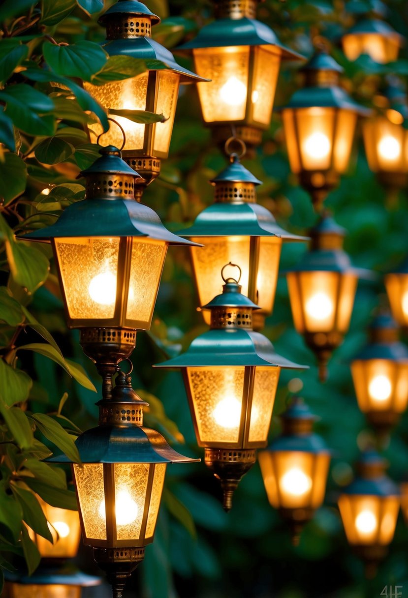 Golden lanterns illuminate emerald green foliage