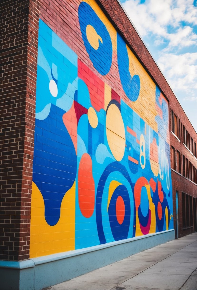 A colorful mural covers the side of a brick building, depicting various abstract shapes and patterns, with vibrant shades of blue, red, and yellow