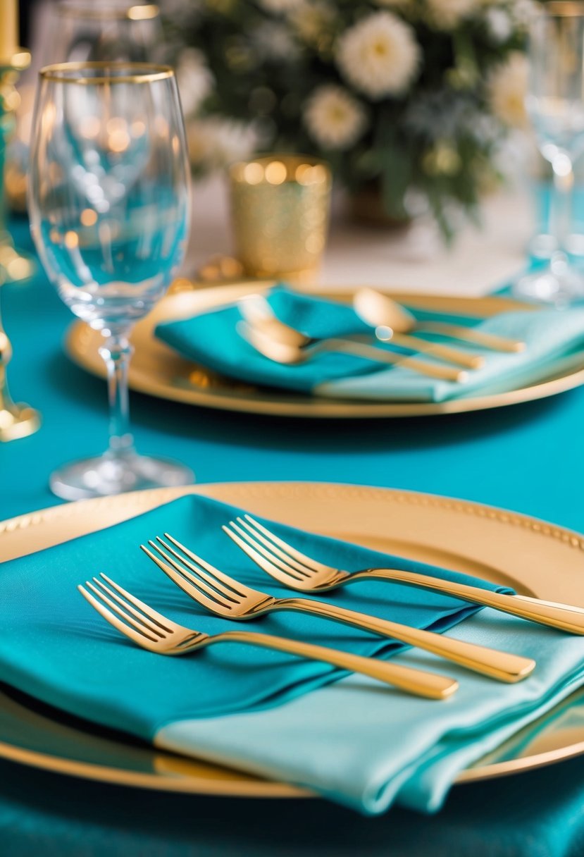 Gold cutlery gleams on teal table settings, creating an elegant and luxurious wedding color palette