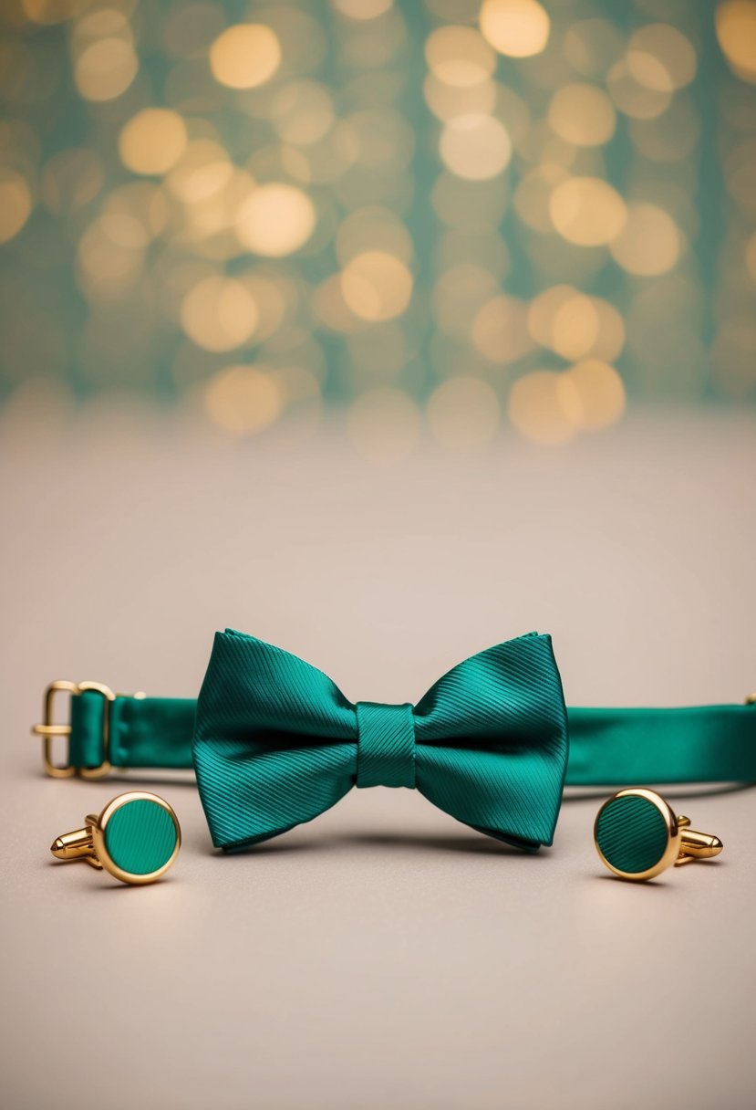 An emerald green bow tie with gold cufflinks against a matching background