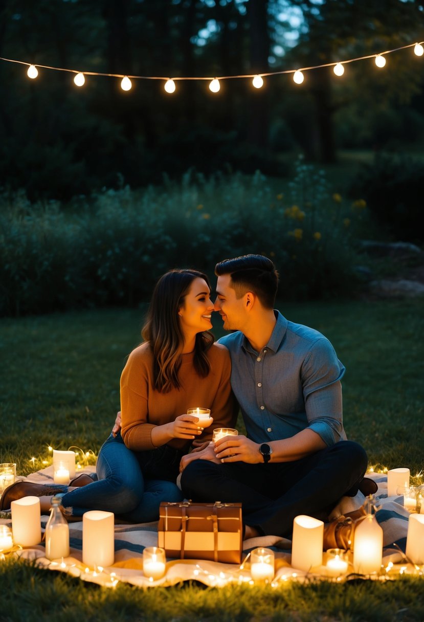 A couple sits on a picnic blanket surrounded by candles and fairy lights, listening to a personalized playlist on a budget-friendly date night