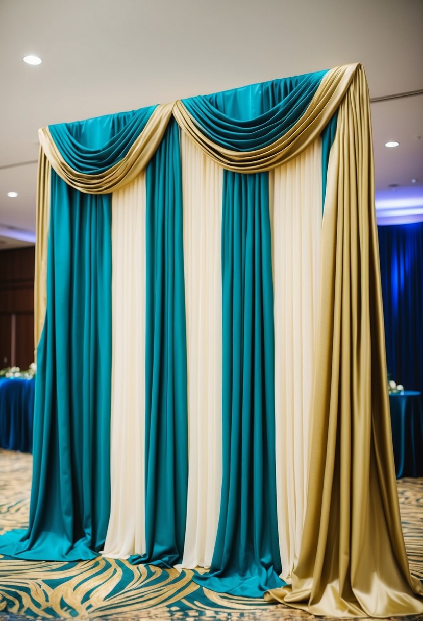 Teal and gold drapery cascading in elegant folds, creating a luxurious backdrop for a wedding celebration