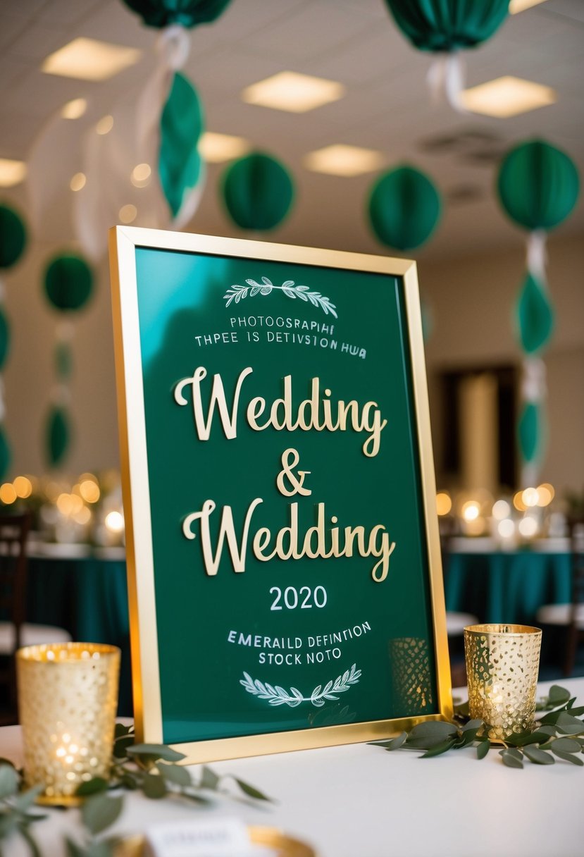 Emerald green wedding sign with gold lettering, surrounded by matching decor