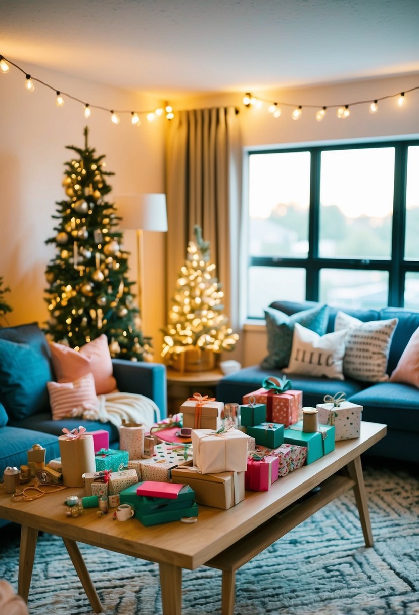 A cozy living room with a table covered in craft supplies, personalized gifts in progress, and a warm glow from string lights overhead