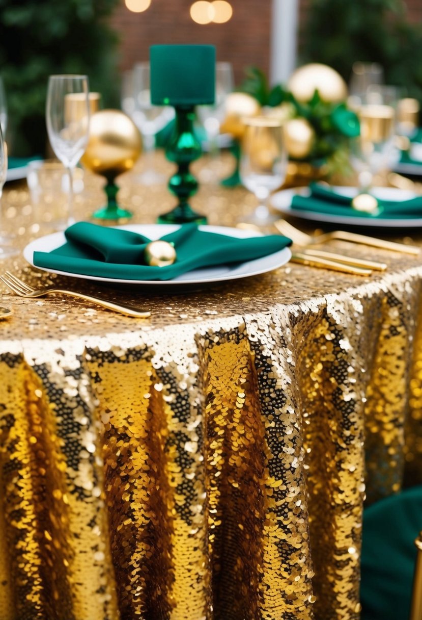 A gold sequin tablecloth with emerald green decor accents