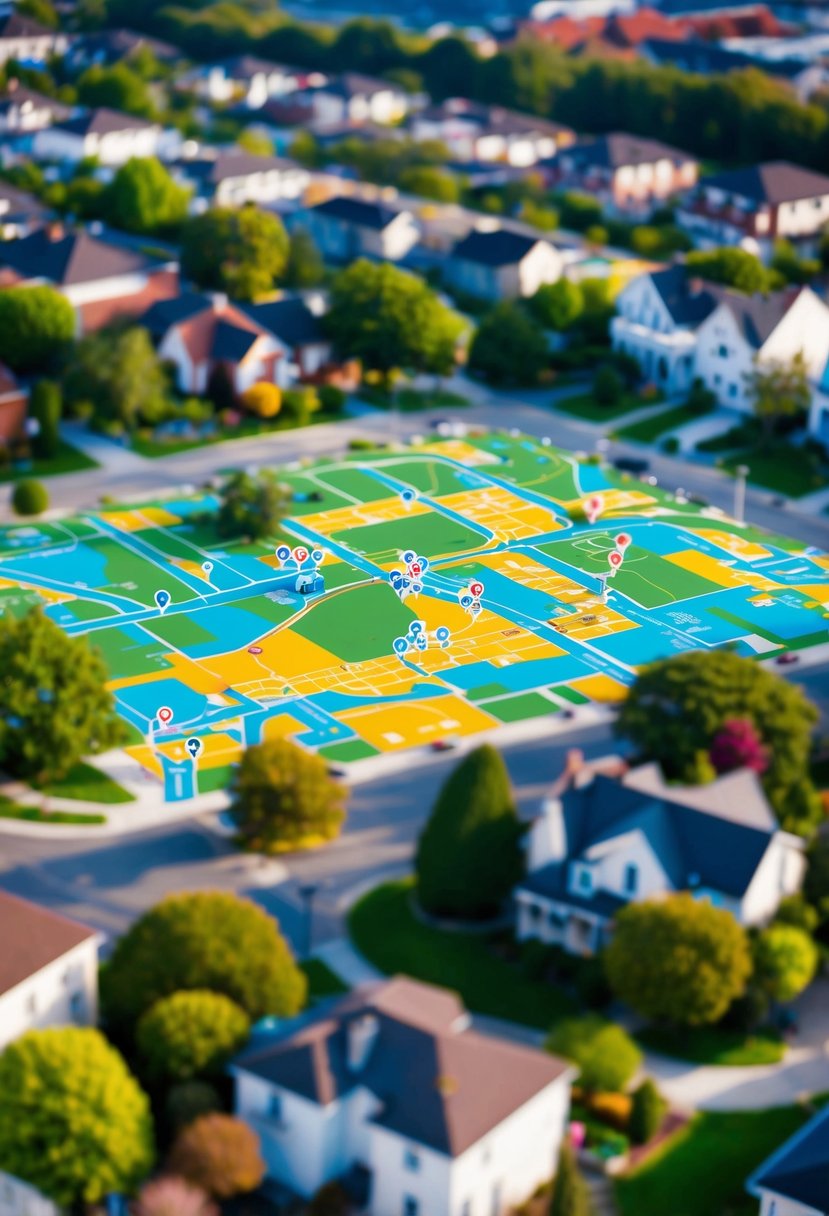 A colorful map with marked locations scattered around a neighborhood, surrounded by trees, houses, and various landmarks