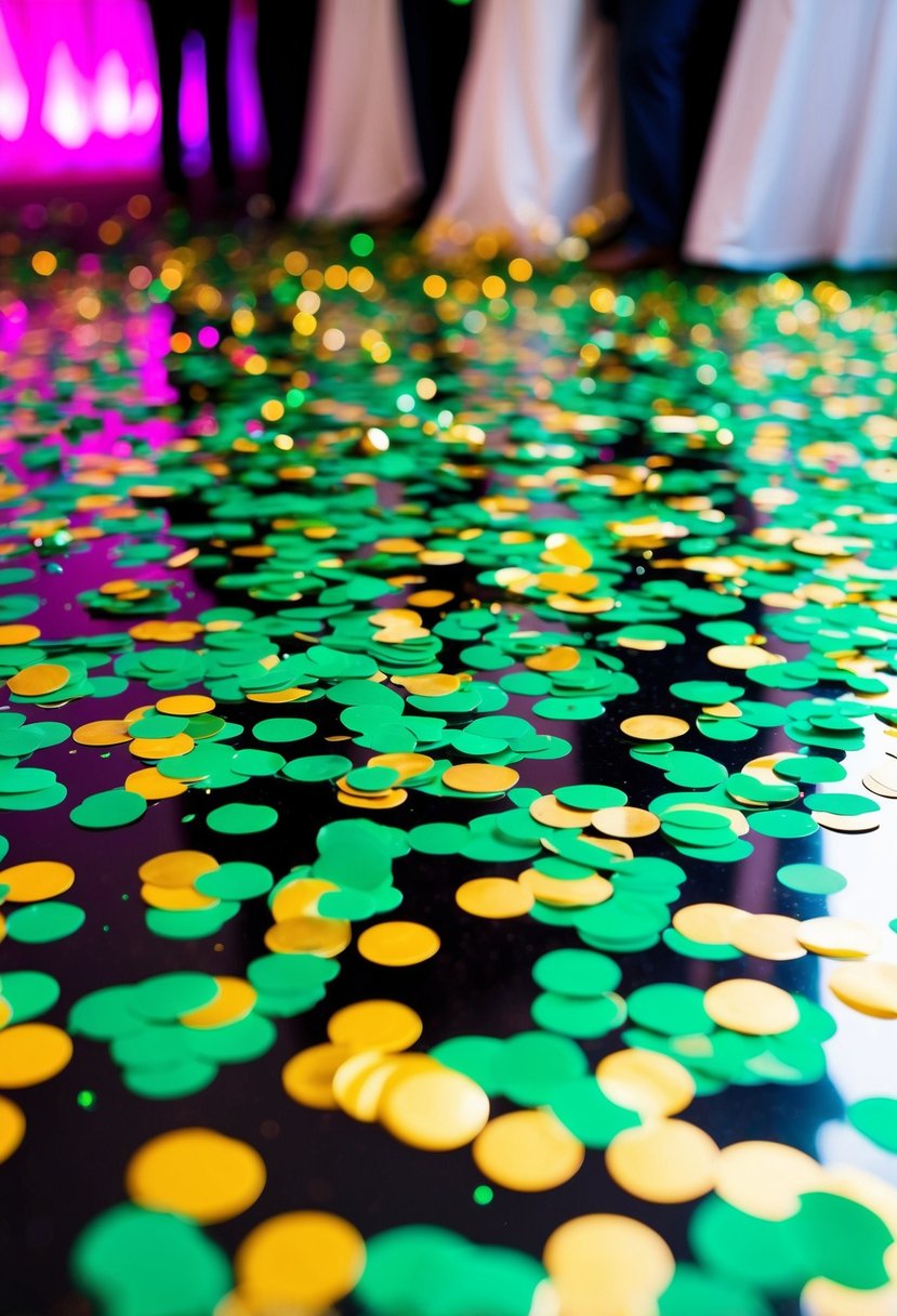 Emerald green and gold confetti scattered across a dance floor, reflecting the vibrant colors of a wedding celebration