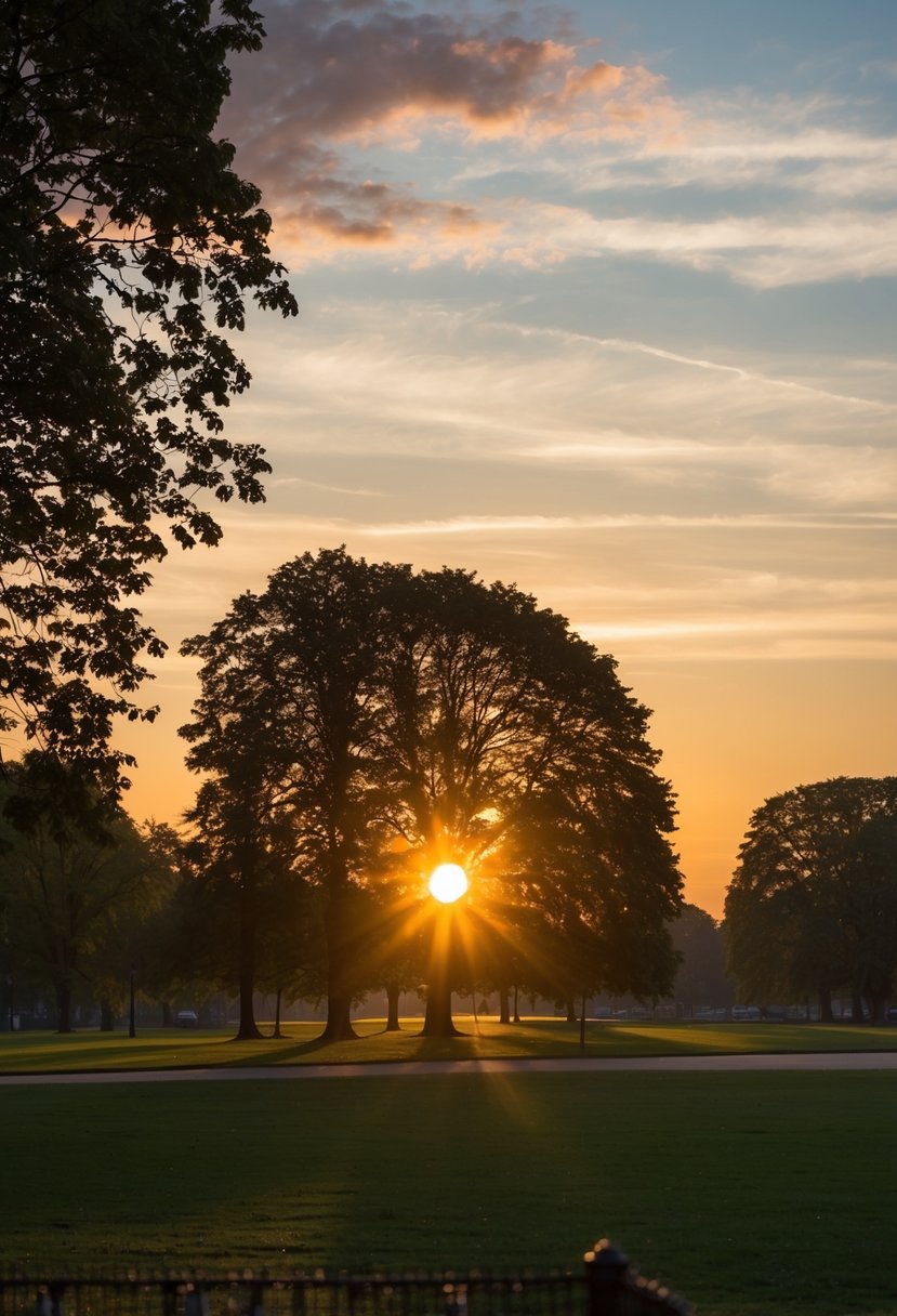 The sun dips below the horizon, casting a warm glow over the tranquil park. Trees and grass are silhouetted against the colorful sky