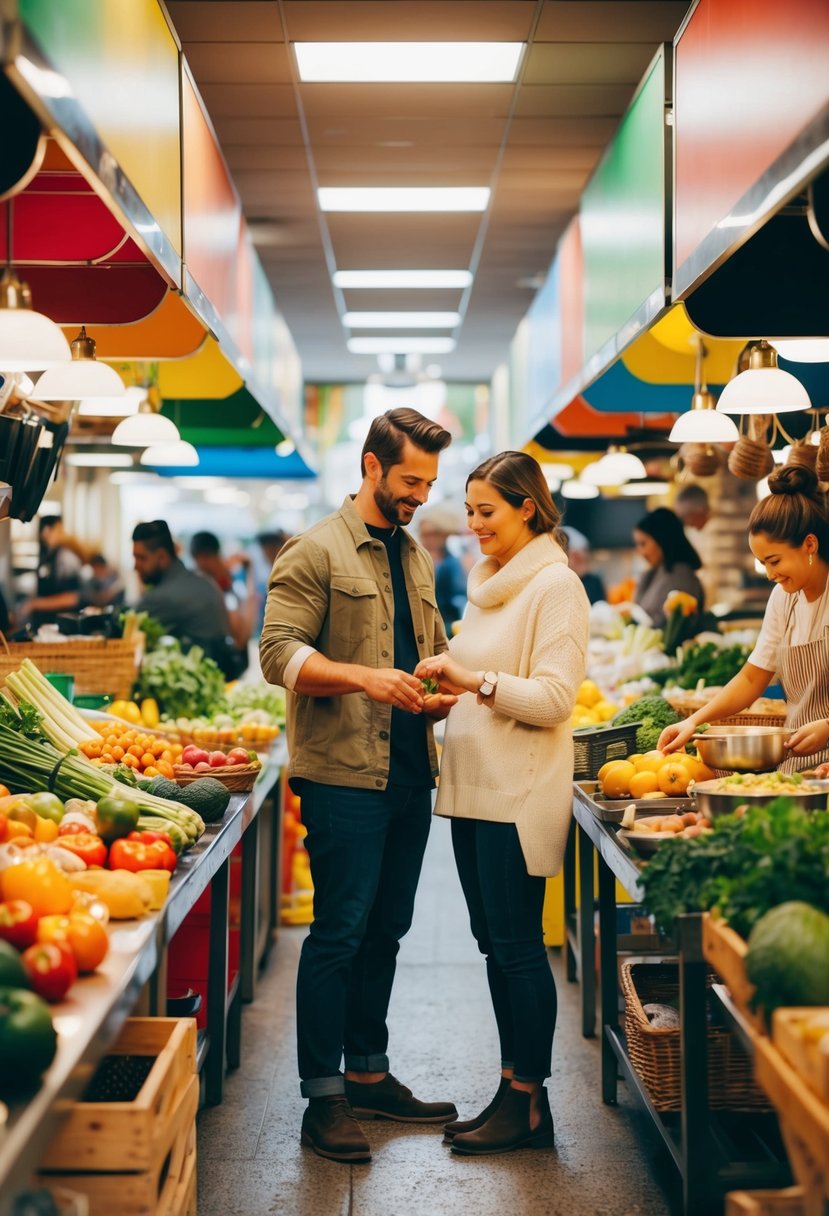 A bustling farmer's market with colorful stalls and fresh produce. A couple browsing and selecting ingredients, then cooking together in a cozy kitchen