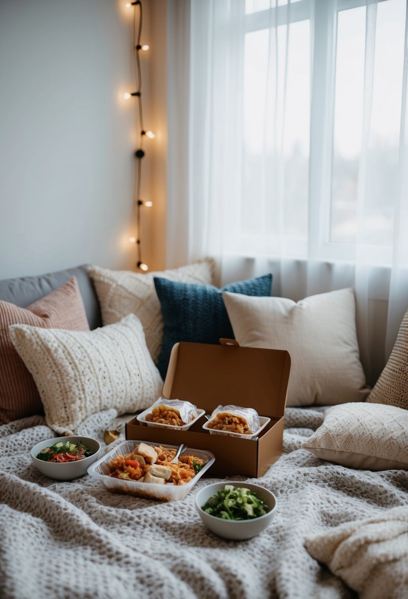 An indoor picnic with takeout on a cozy blanket, surrounded by pillows and soft lighting