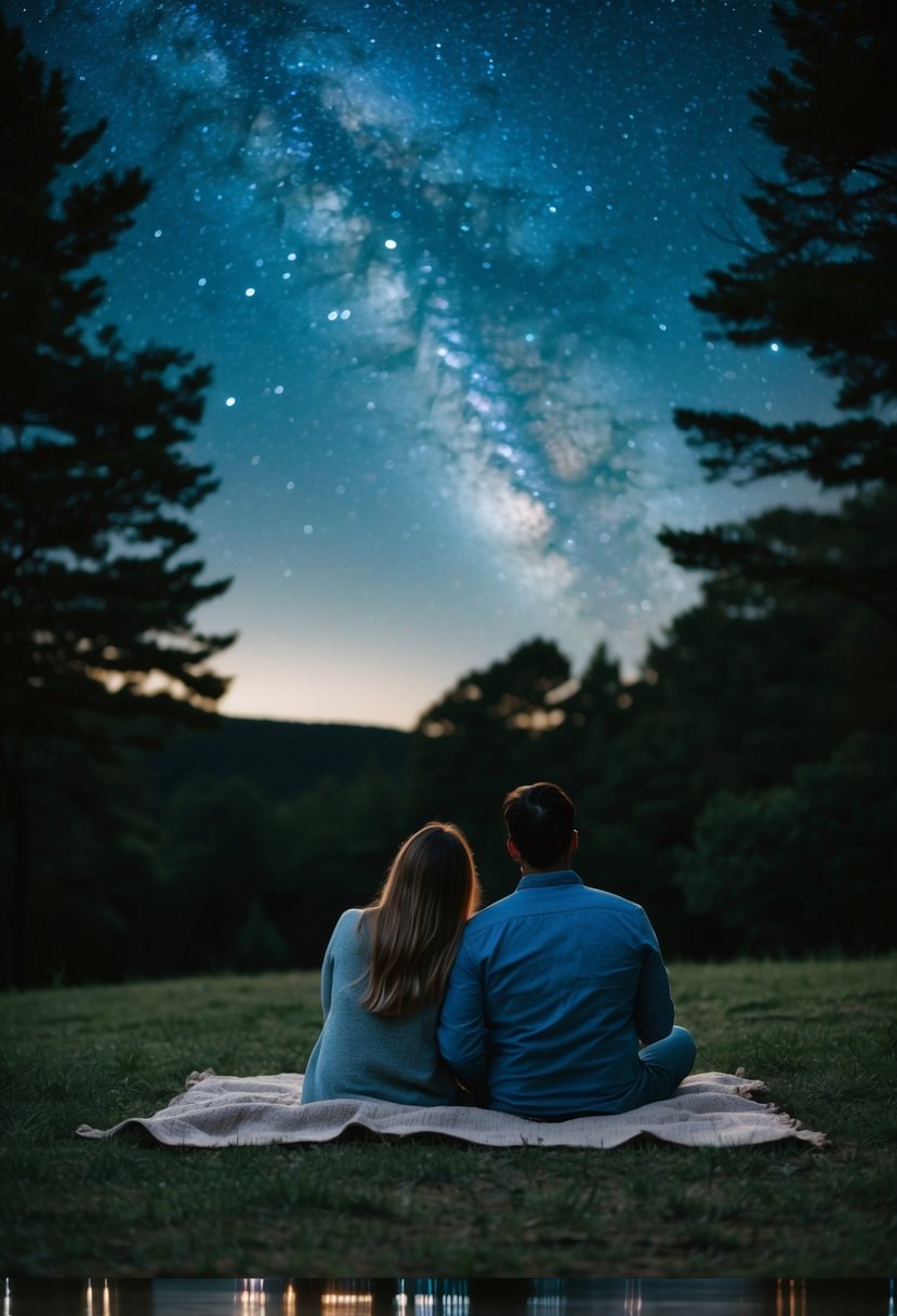 A couple sits on a blanket under a night sky, surrounded by trees, gazing at stars. No city lights in sight