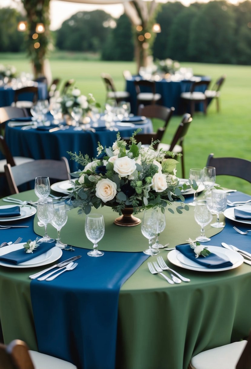 A wedding table set with hunter green and navy blue linens, adorned with matching floral centerpieces and elegant place settings