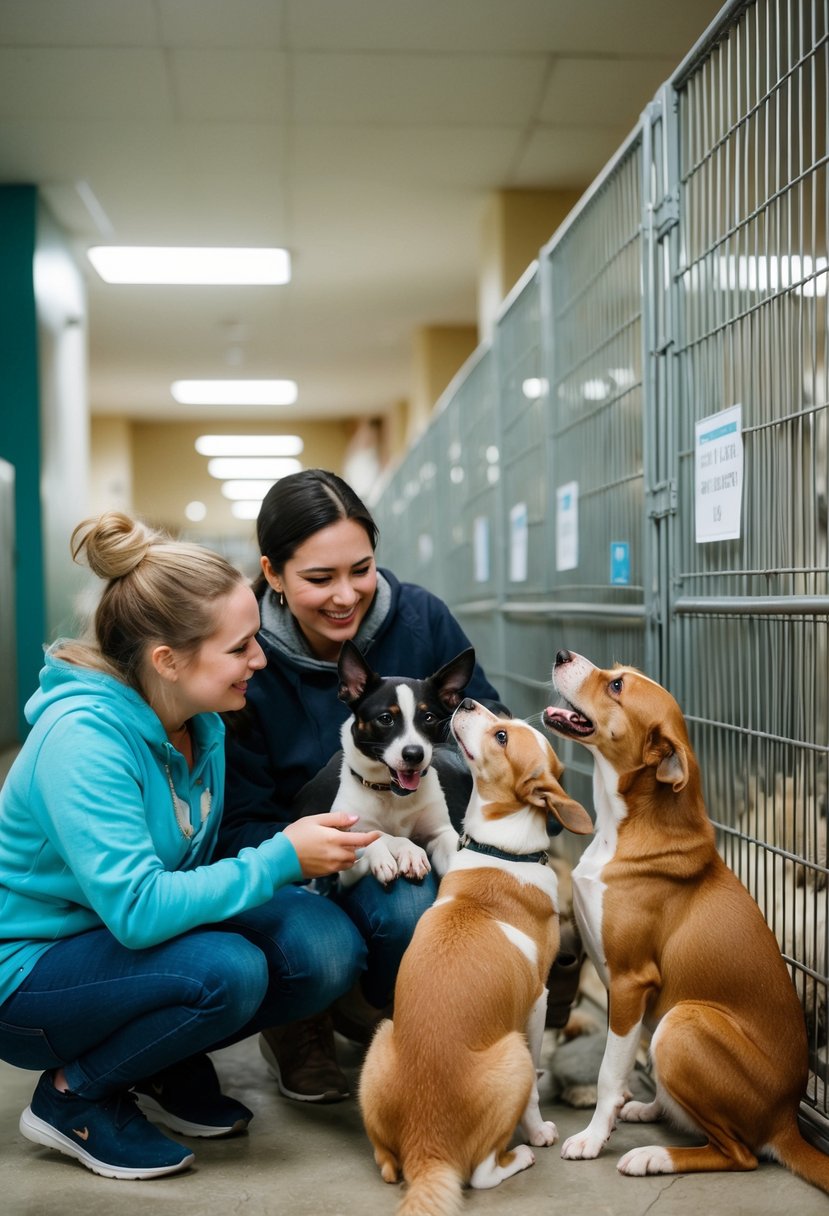 A variety of animals playfully interact with a visitor at the local animal shelter