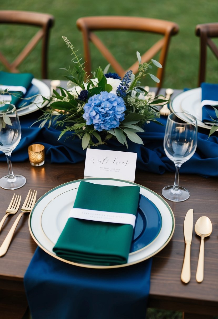 A wedding table setting with hunter green and navy blue linens, gold cutlery, and accents of greenery and blue florals