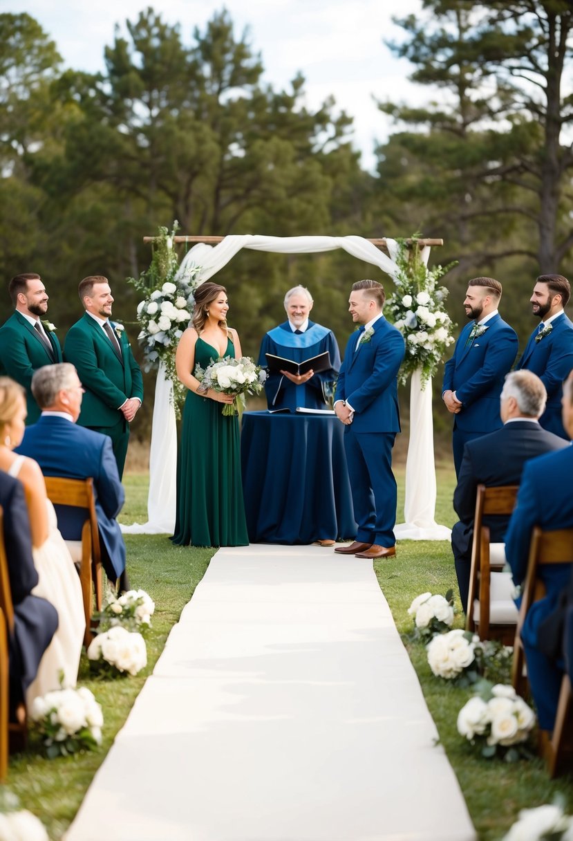 A rustic outdoor wedding ceremony with hunter green and navy blue decor, accented by white or ivory flowers and linens