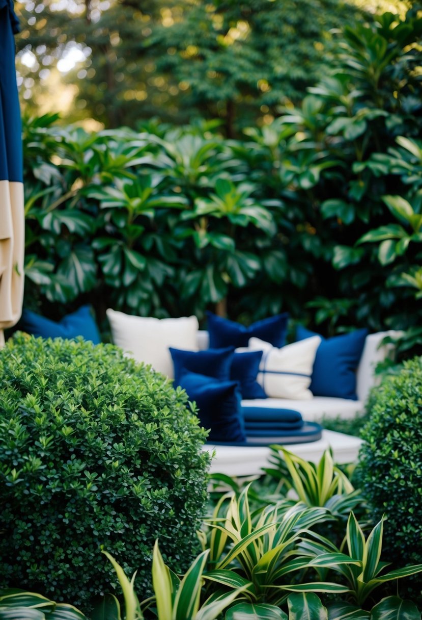 A lush garden with deep green foliage and touches of navy blue decor