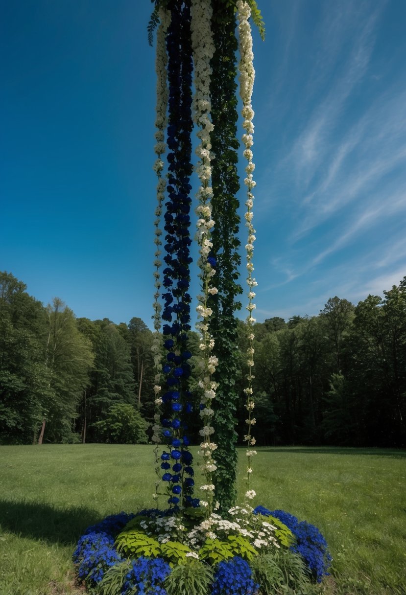 A lush forest clearing with hunter green and navy blue flowers cascading down from a deep blue sky, creating an ombre effect