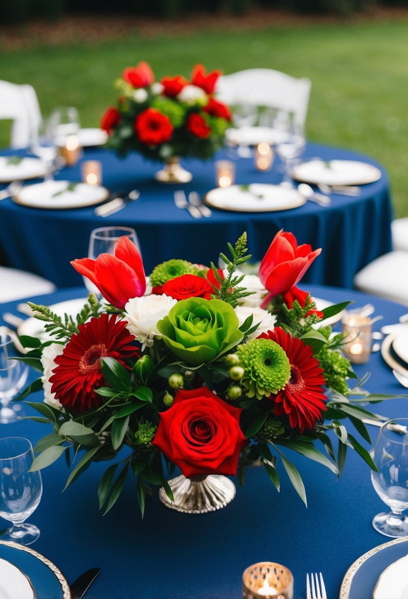 A navy blue wedding table adorned with bright red and hunter green floral centerpieces