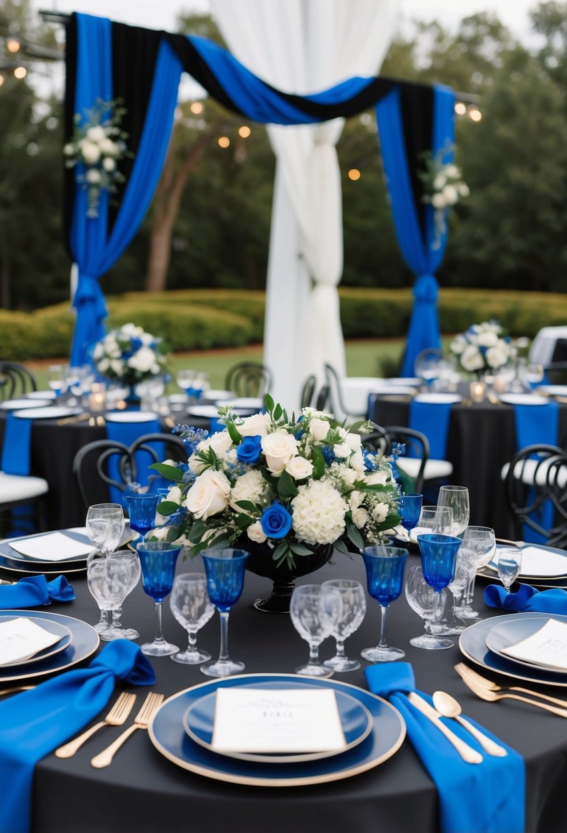 A cobalt blue and black wedding scene with elegant table settings and flower arrangements