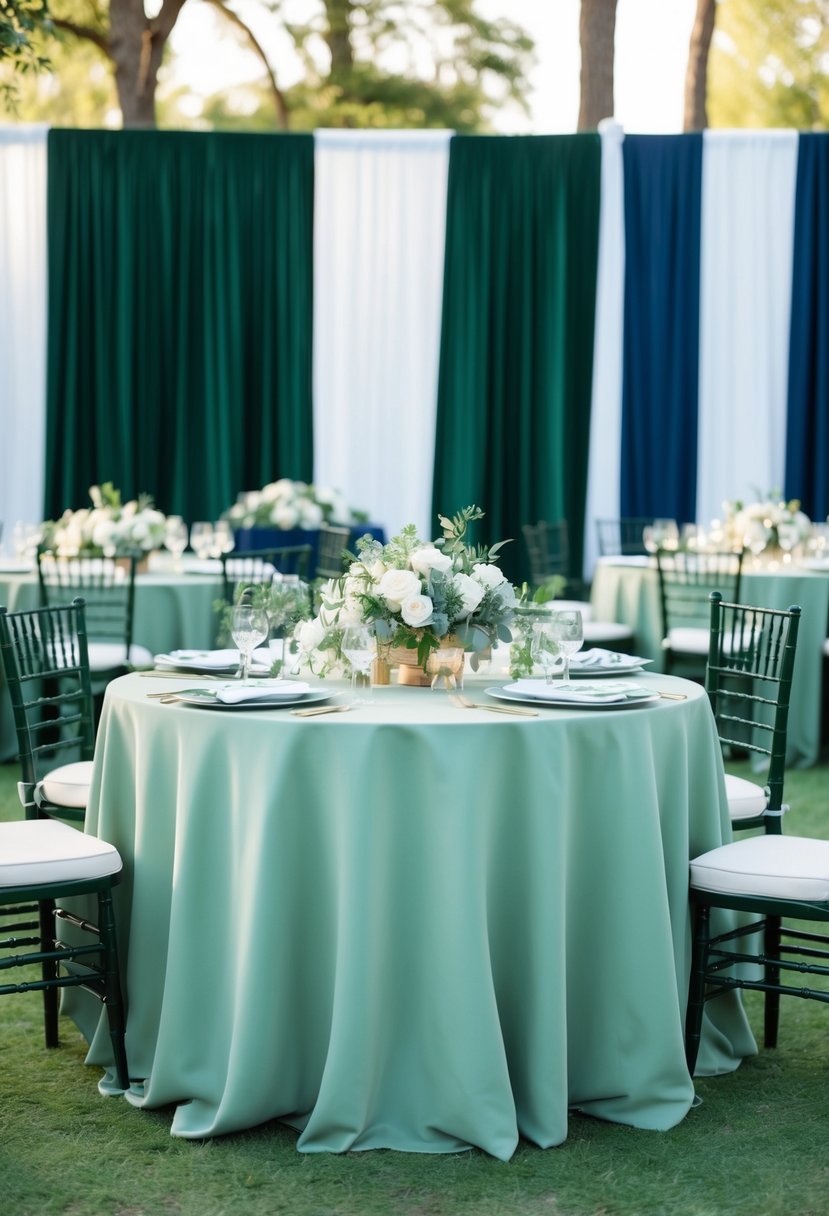 A serene outdoor wedding reception with sage green table linens and floral arrangements, set against a backdrop of deep hunter green and navy blue accents