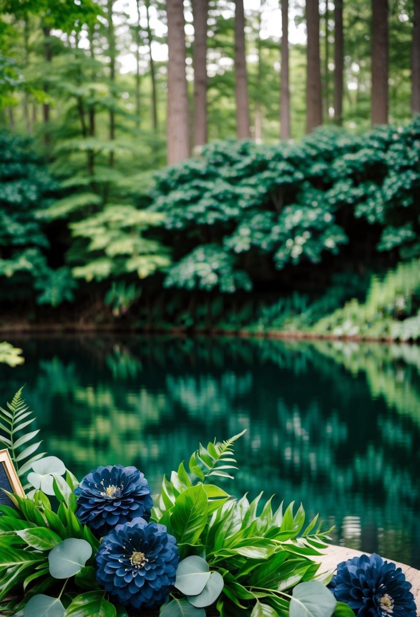 A lush forest with deep green foliage and a serene lake, accented with rich navy blue flowers and decor