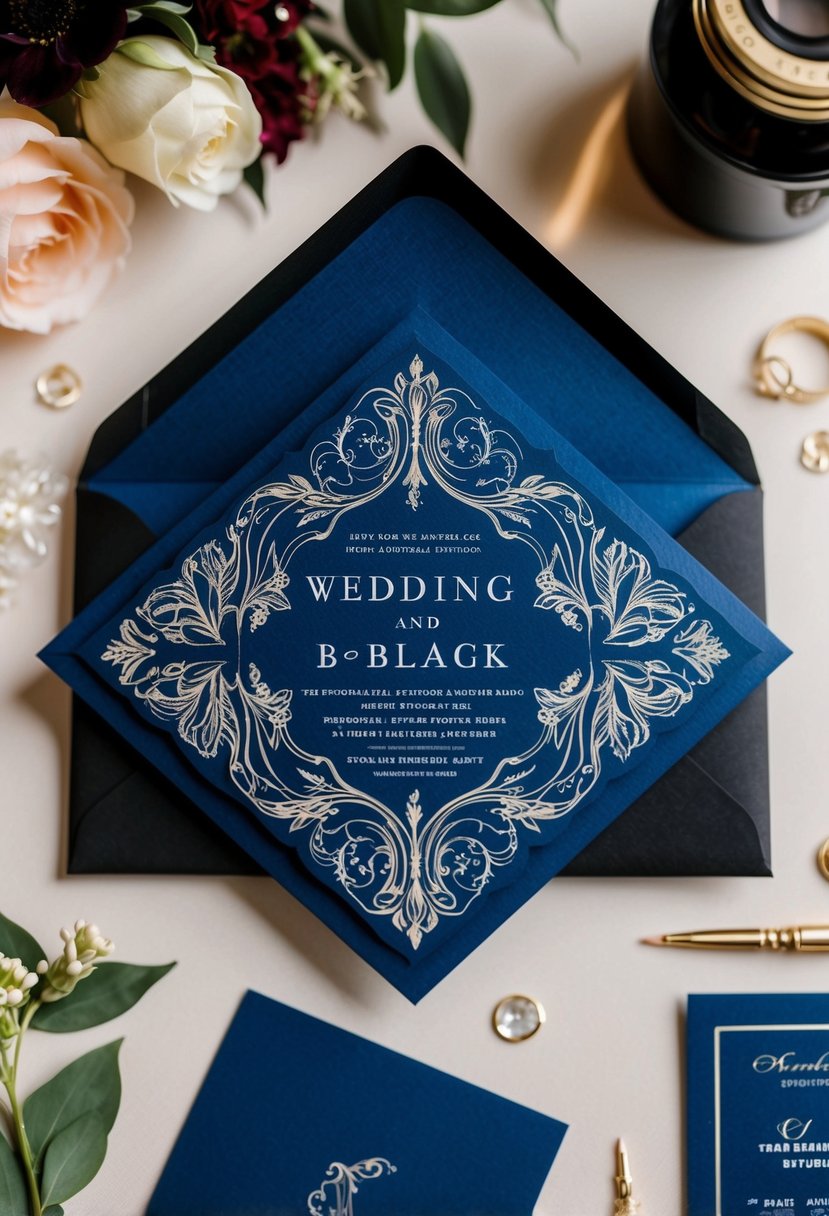 A cobalt blue and black wedding invitation with elegant floral designs and intricate patterns