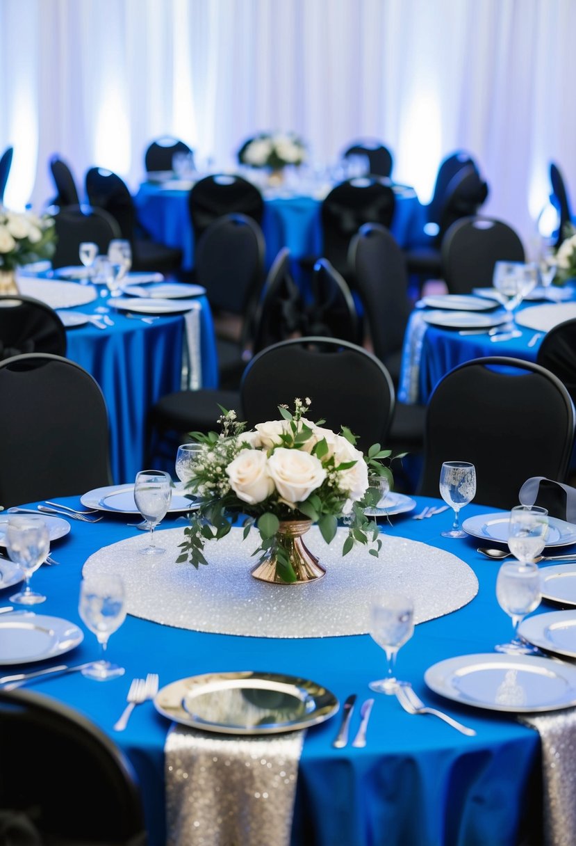 Cobalt blue tablecloths with silver glitter accents, surrounded by black chairs in a wedding reception setting