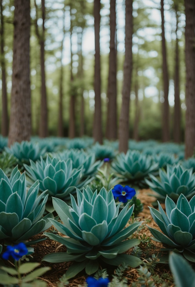 A serene forest clearing with teal and sage foliage, accented by hunter green and navy blue flowers