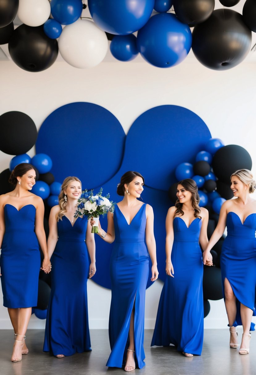 Cobalt blue bridesmaid dresses against a backdrop of black and cobalt blue wedding decor