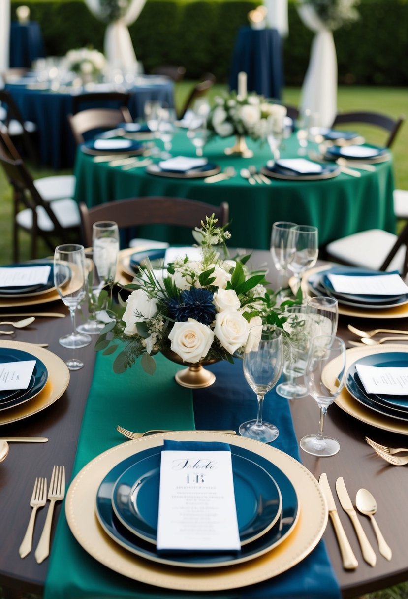 A wedding table set with hunter green and navy blue linens, floral arrangements, and place settings