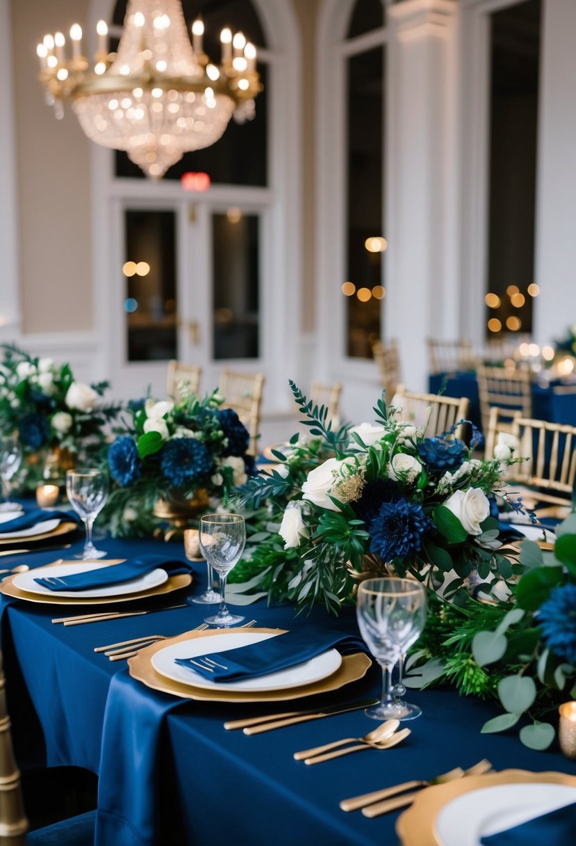 A regal wedding table adorned with midnight blue linens, gold accents, and lush hunter green and navy blue floral arrangements