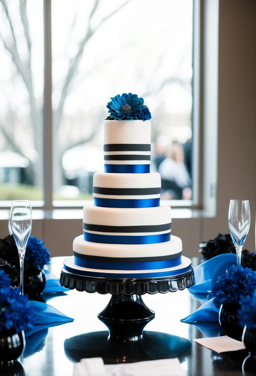 A black and white wedding cake with cobalt blue accents stands on a sleek table, surrounded by elegant black and blue decor