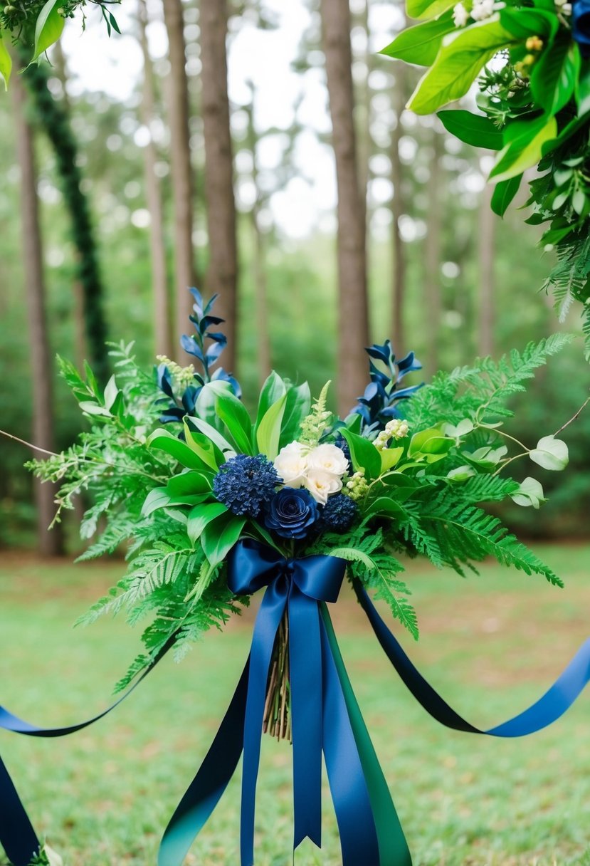 A lush forest clearing with emerald and hunter green foliage, accented with navy blue accents in the form of ribbons, flowers, and decor