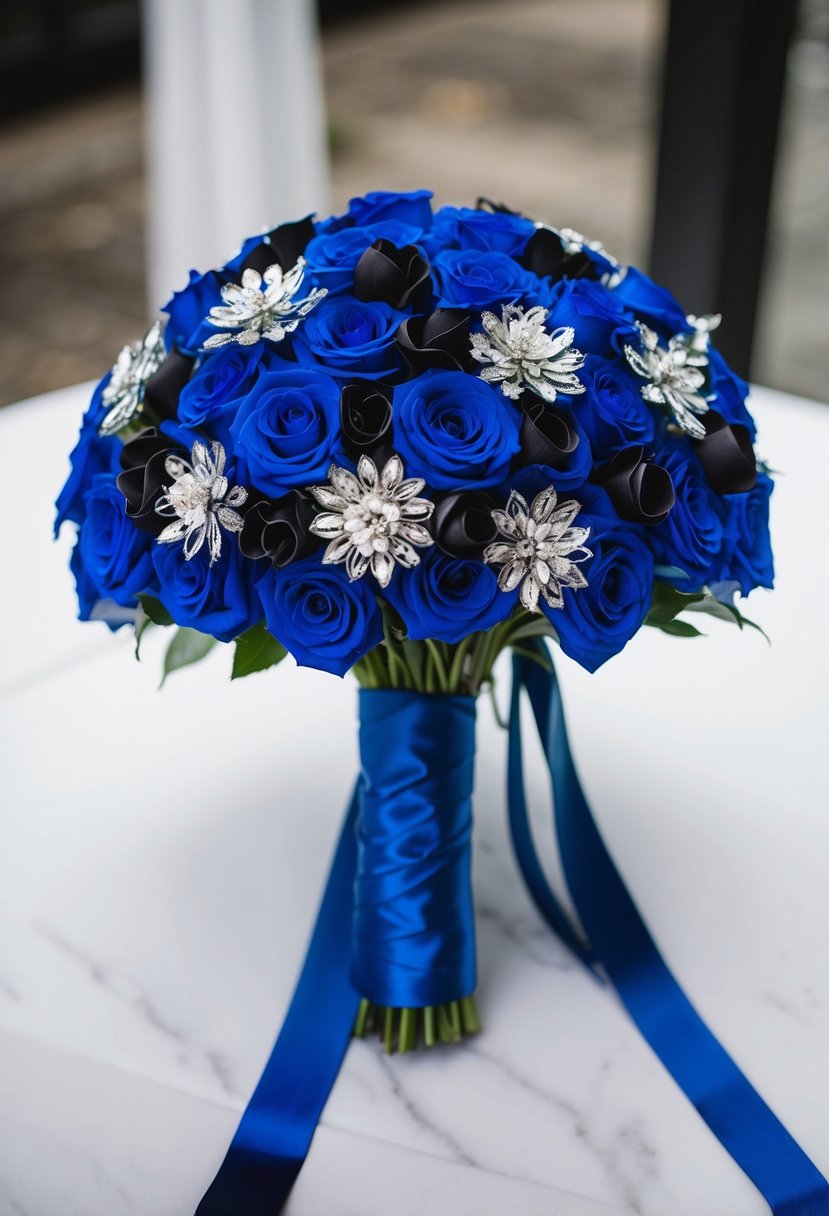 A cobalt blue bridal bouquet surrounded by black and silver accents, set against a white background